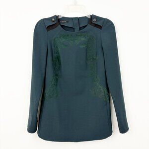 Nice Claup Green Top Size L or 66 Long Sleeve Shoulder Tabs Hi-lo Hem Round Neck